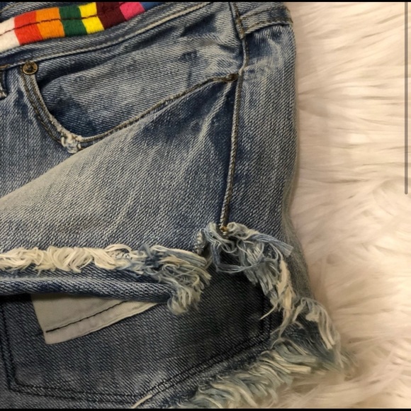 Free People distressed denim shorts with colorful stitch detailing - Picture 3 of 9